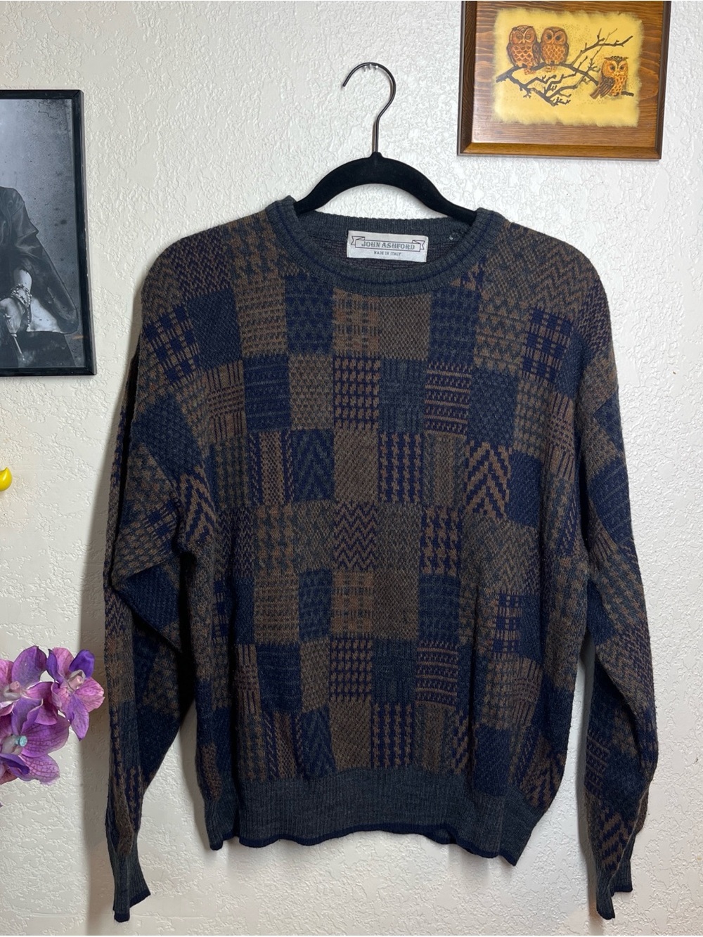 John Ashford Navy and Brown Geometric Patchwork Crewneck Sweater